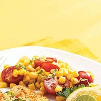 milho refogado com tomate cereja e manjericão