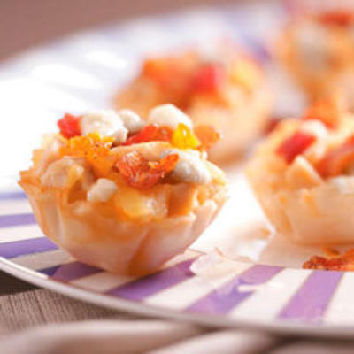 galdérias de frango, pêra e gorgonzola
