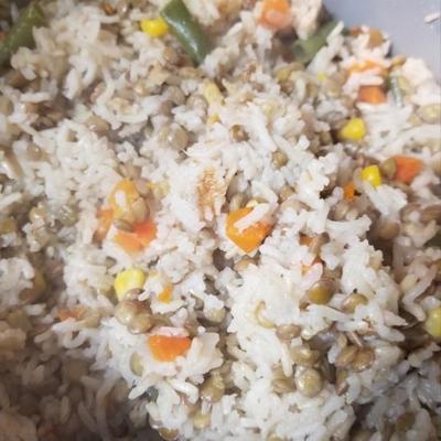 arroz e lentilhas de uma panela de arroz