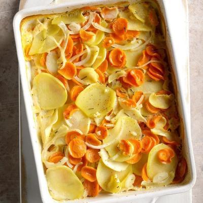 cenoura, pastinaca e batata gratinada com alecrim