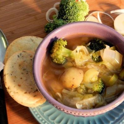 sopa de repolho, alho-poró e brócolis
