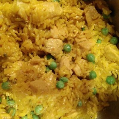 frango espanhol com um pote e arroz amarelo