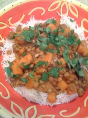 Batata-doce e curry de lentilha com arroz