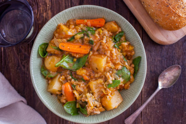 batata italiana, arroz e sopa de espinafre em panela de pressão