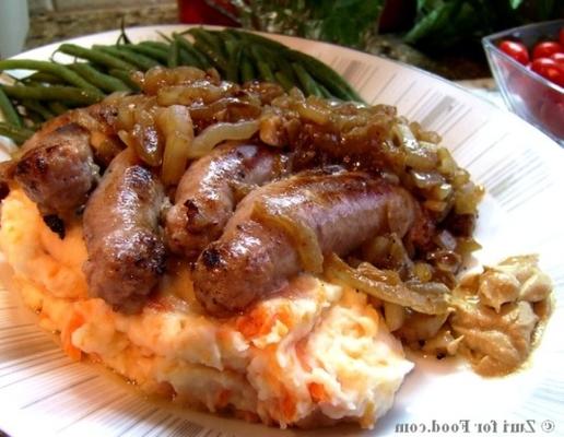 bangers e mash com cebolas douradas