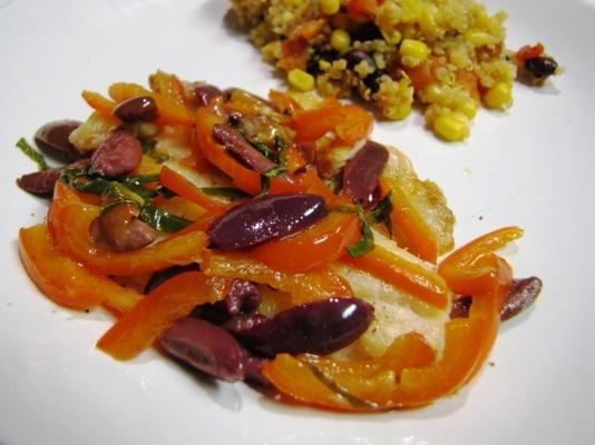 filé de peixe com manteiga de alho e azeitonas pretas