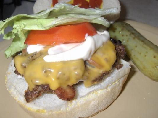 cheeseburgers de bacon cachorro chili e fritas de fogo