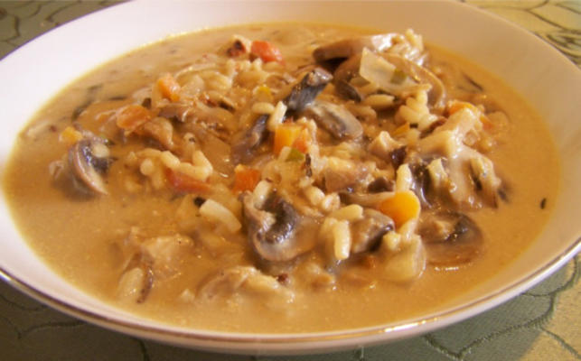 Sopa cremosa de arroz e cogumelos