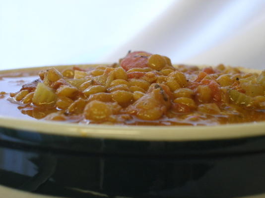 potage aux lentilles et aux lard - sopa de lentilha, bacon e tomate