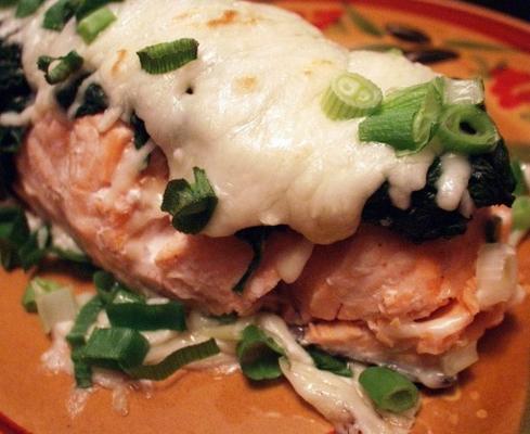 salmão cozido com espinafre e queijo