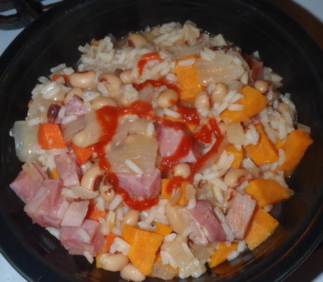 batata doce senegalesa, arroz e feijão guisado