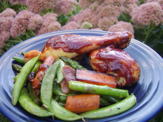 pernas de frango para churrasco com legumes salteados