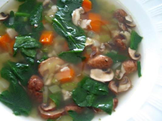sopa de cogumelos com frango, espinafre e shiitake