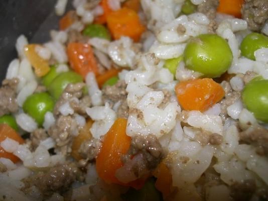 carne de vaca, arroz, ervilhas e cenouras uma refeição de prato