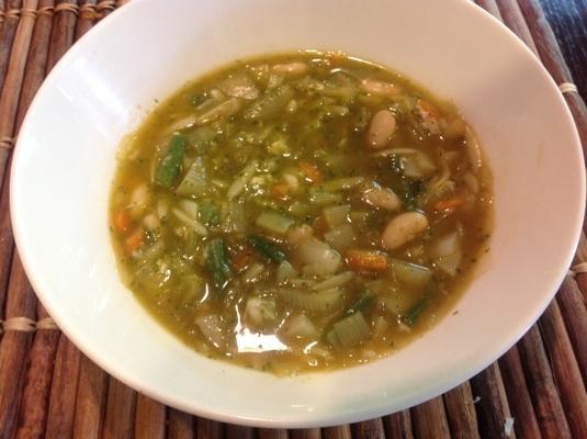 vegetal de inverno e sopa de feijão com pesto