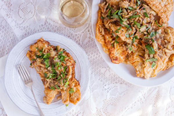 solha com bananas, amêndoas e rum