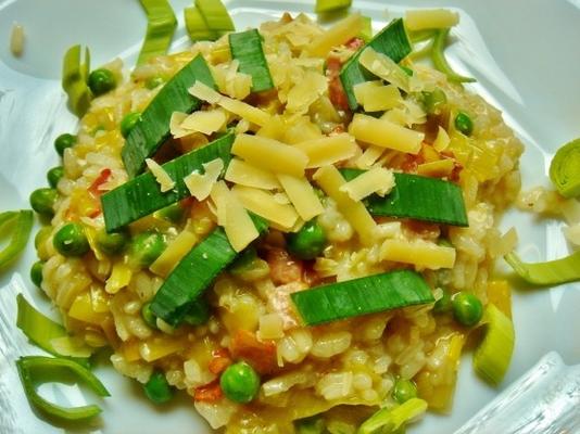 risoto de alho-poró, bacon e ervilha