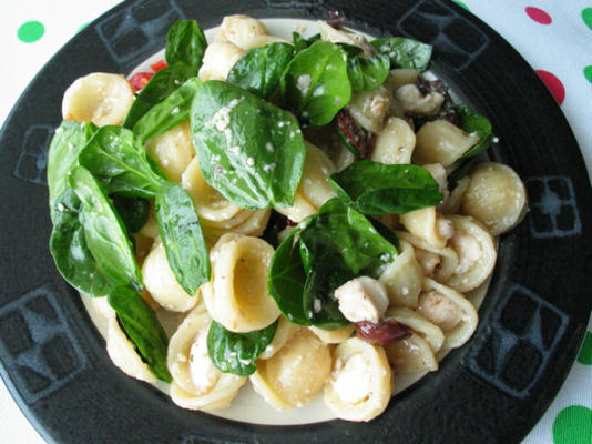 salada de macarrão com espinafre, azeitonas e mussarela