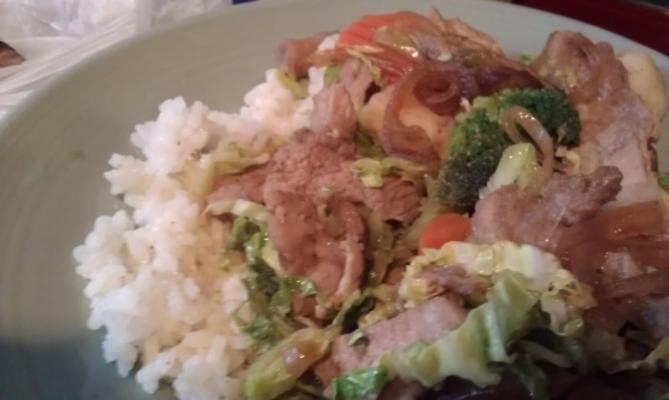 carne de estilo yoshinoya com tigela de arroz de legumes