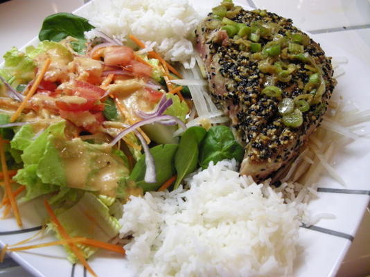 bandeja da mamãe de pelúcia assado atum ahi com molho de wasabi