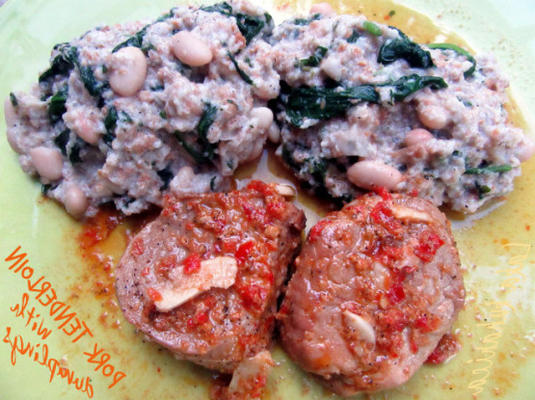 Lombinho de porco com pão, espinafre e bolinhos de feijão branco