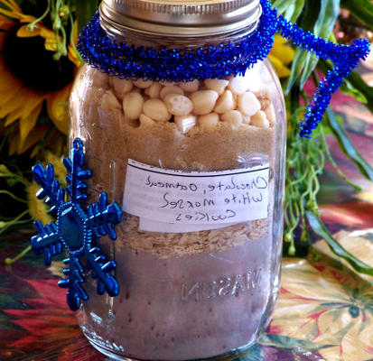 chocolate de aveia com pedaços brancos em uma mistura de jar